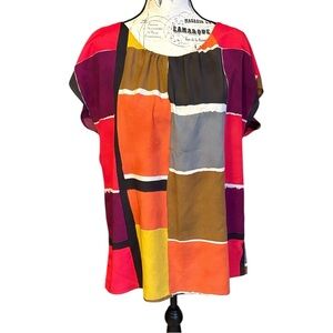 LOFT Multi Color Block Blouse Cap Sleeves Pleated Feature Size L